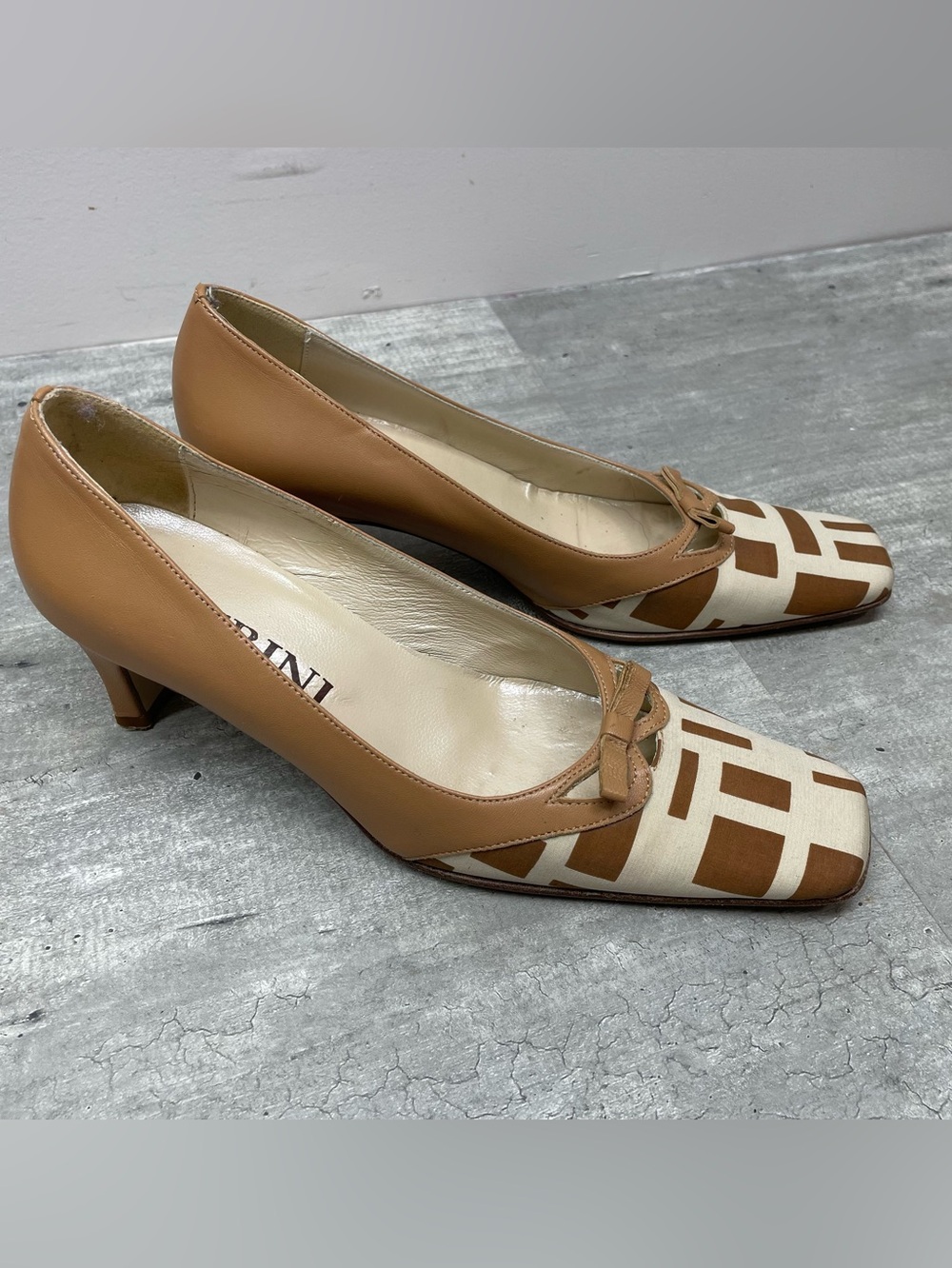 Petrini Leather Canvas Pumps Womens 36 Tan Cream Geometric Square Toe Italy Good - Picture 2 of 9
